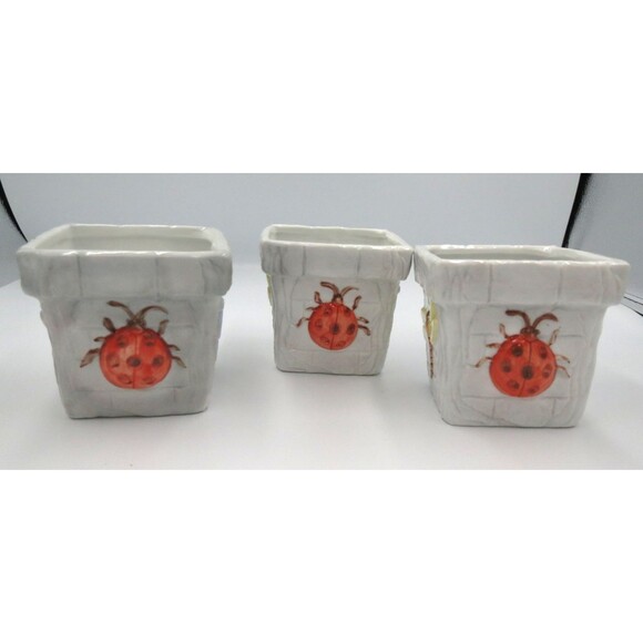 Long Rich Small Ceramic Planters Set of 3 Decorated w/ Garden Bugs - Picture 1 of 8